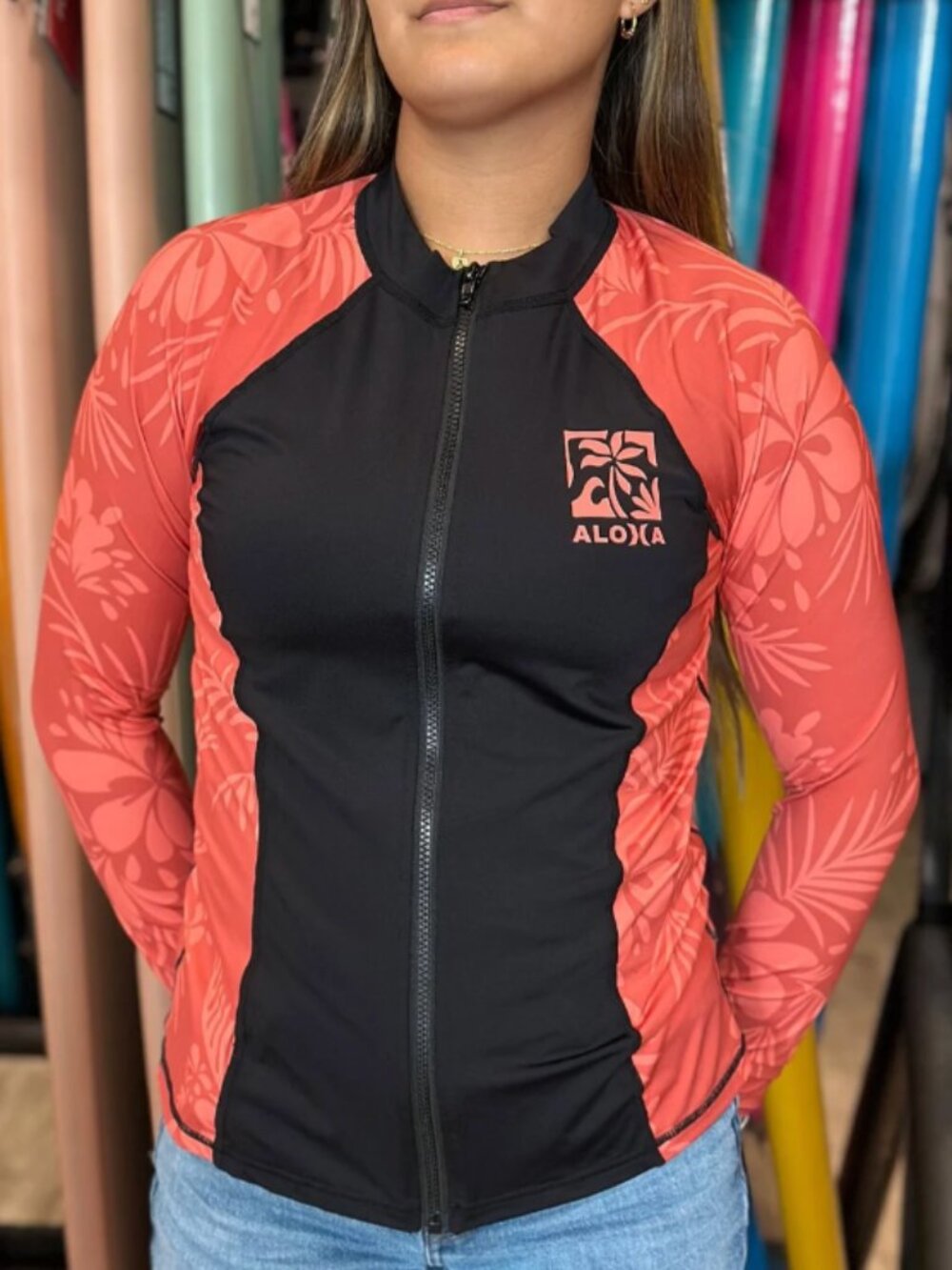 Hurley Tropical Long-Sleeve Zip One-Piece Rash Guard - Black & Coral Floral